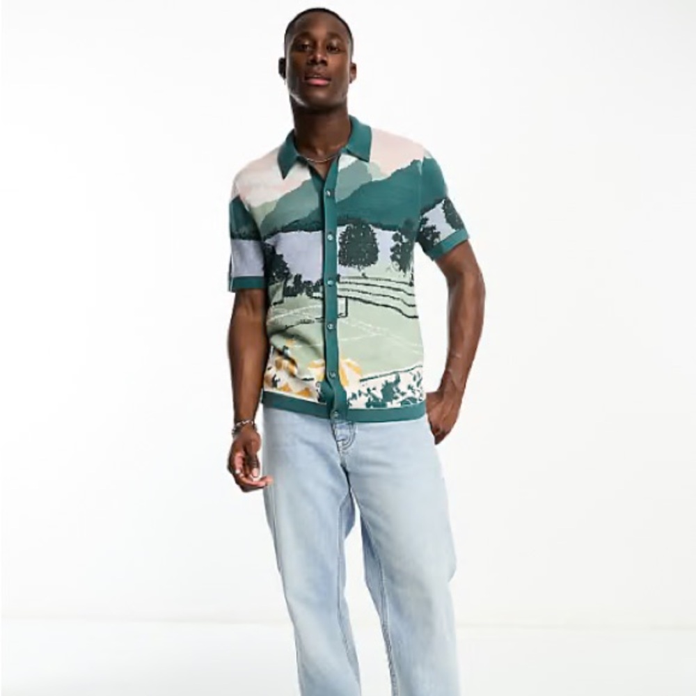 Abercrombie Men’s Medium Tennis Getaway Scenic Graphic sweater button down - Picture 2 of 5